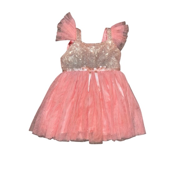 Popatu Sparkling Sequin Peach and Gold Glitter Tulle Dress size 12 months - Picture 1 of 10